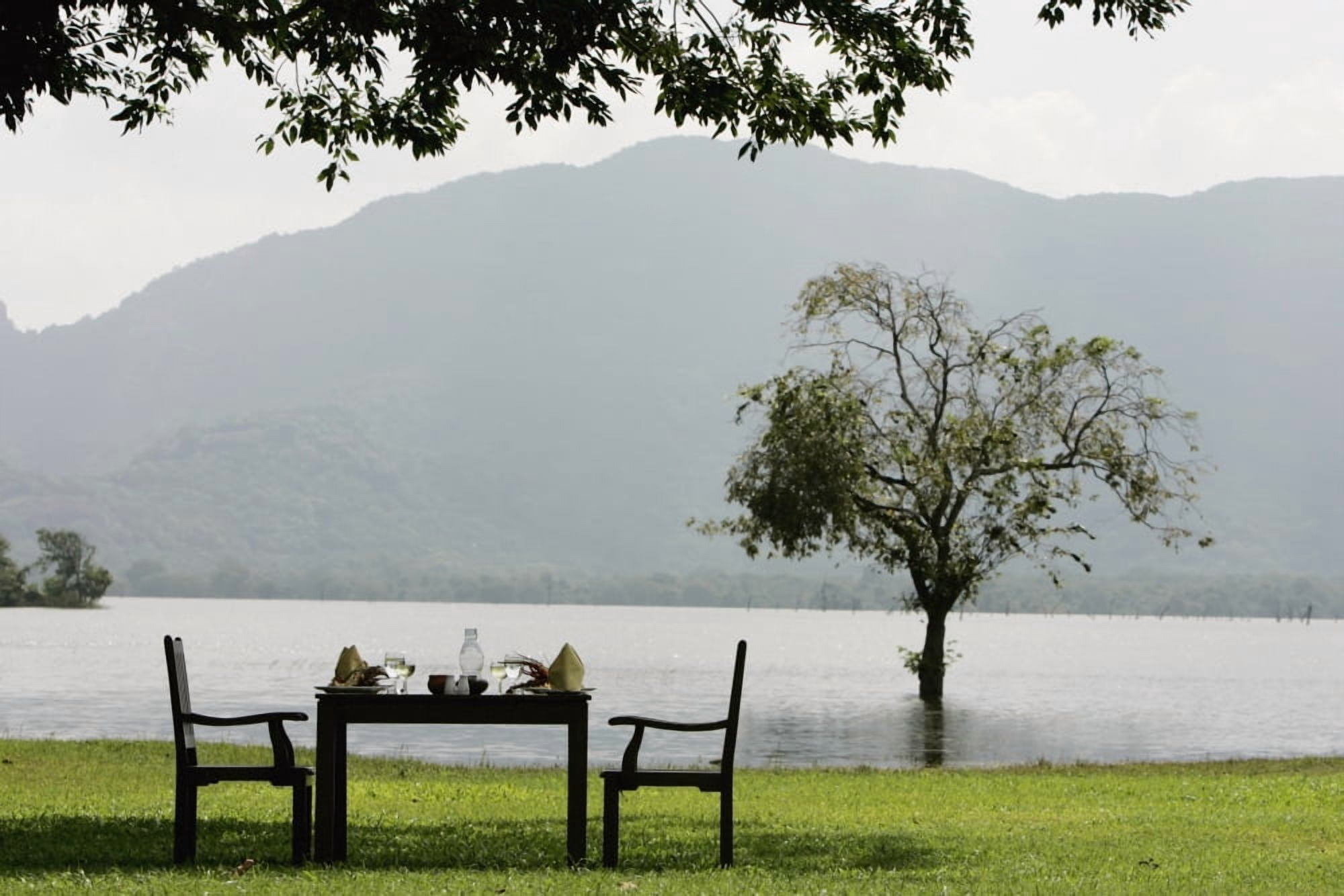 Table And Chairs Ready For Lunch Beside Amaya Lake Canvas Art - Paul Hackett Design Pics (18 x 12)