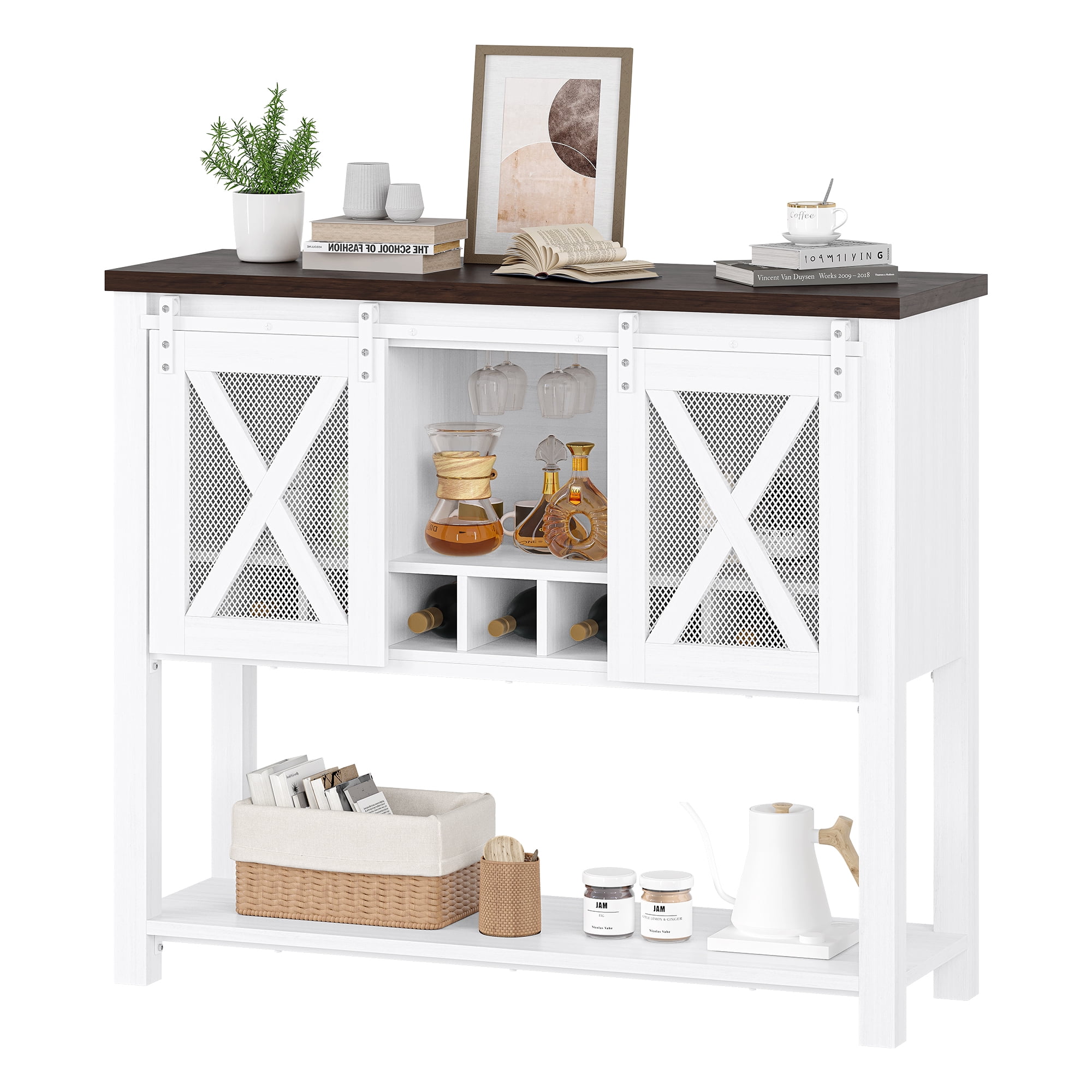 Table Buffet Storage Cabinet with Wine Glass Rack, Farmhouse Console ...