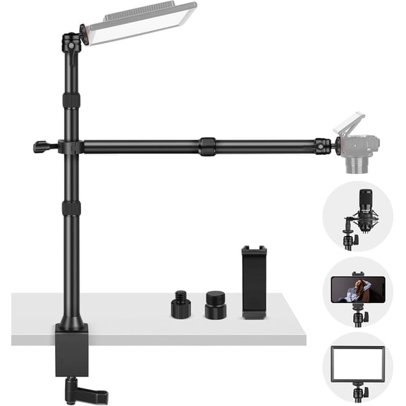 Table Camera Tripod with 2 Telescopic Arms, Phone Holder, Ball Heads, Screw Adapter, Table Light Stand for Camera, Mobile Phone, Webcam, Ring Light