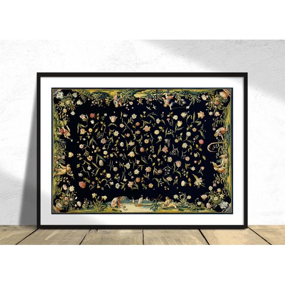 Table Carpet Four Elements Strewn Floral Pattern Vintage Retro Illustration Colorful Flowers Plants Unframed Paper Print