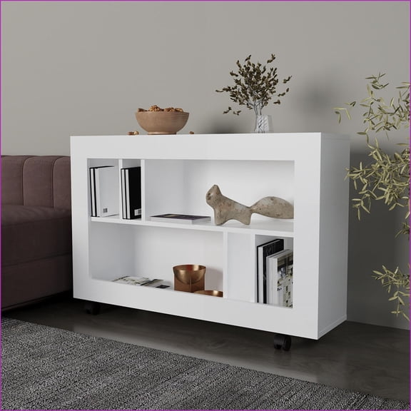 Table Cart, Norwood Living Room White with Open Shelves & Casters | Engineered Wood | Particle Board