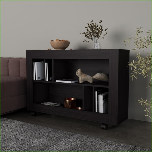 Table Cart, Norwood Modern Black with Open Shelves & Casters | Engineered Wood | Particle Board
