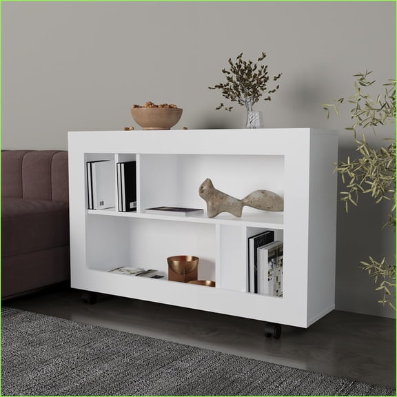 Table Cart, Norwood White Modern with Open Shelves & Casters | Engineered Wood