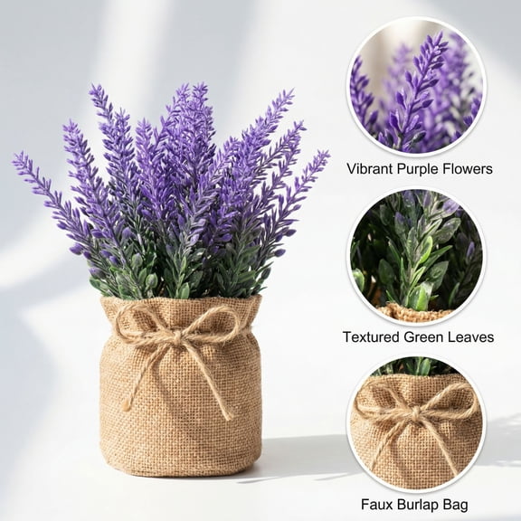Table Centerpiece, Artificial Greenery, Kitchen Table Decor Centerpiece, Bedroom Decorations, 8X7X6 in Rustic Burlap Potted Purple Lavender Faux Plant for Long Lasting Fresh