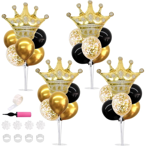 Table Centerpiece Balloons Stand Kit Include Black Gold Latex Confetti Balloons and Foil Crown Balloon for Birthday 2025 Graduation Anniversary Halloween New Year's Eve Party Decoration