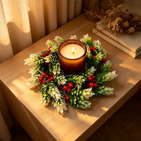 Table Centerpiece,Floral Candle Ring,Mini Artificial Flower Wreath with Standard Inner Diameter for Dining Desk Wedding Holiday Candle Display