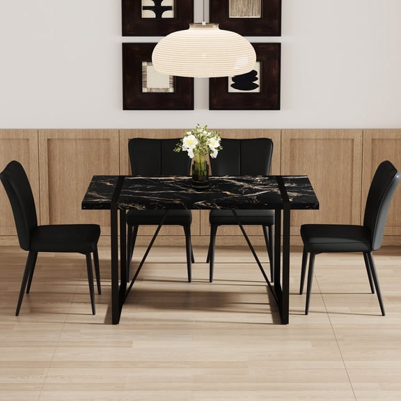 Table and Chair Dining Set | Ideal for Small Gatherings, Comfortable Seating | Inset Rectangular Metal Legs, Black PU Chairs | Easy Assembly in 15 - 20 Minutes