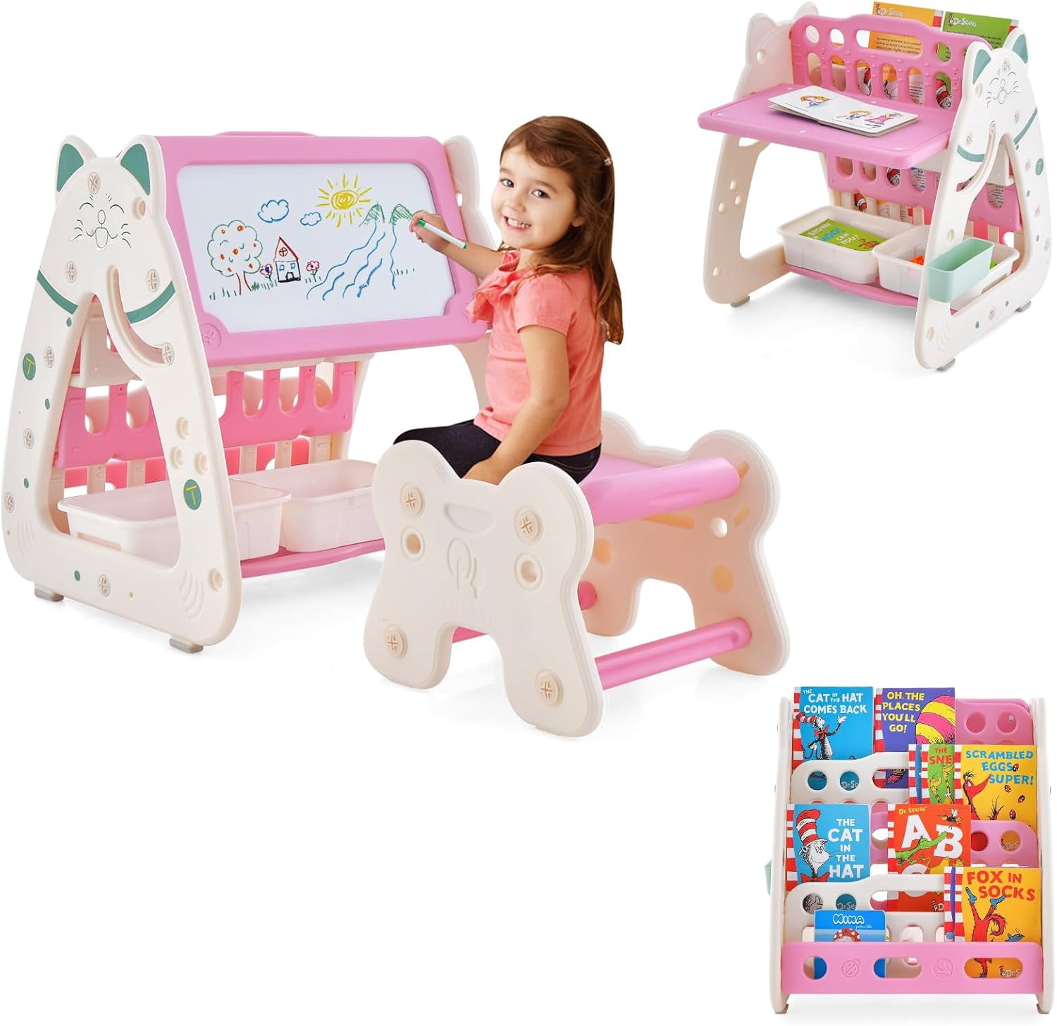 HONEY JOY Kids Table And Chair Set – 3-in-1 Convertible Art Easel & Display Bookshelf With Magnetic Board & Storage
