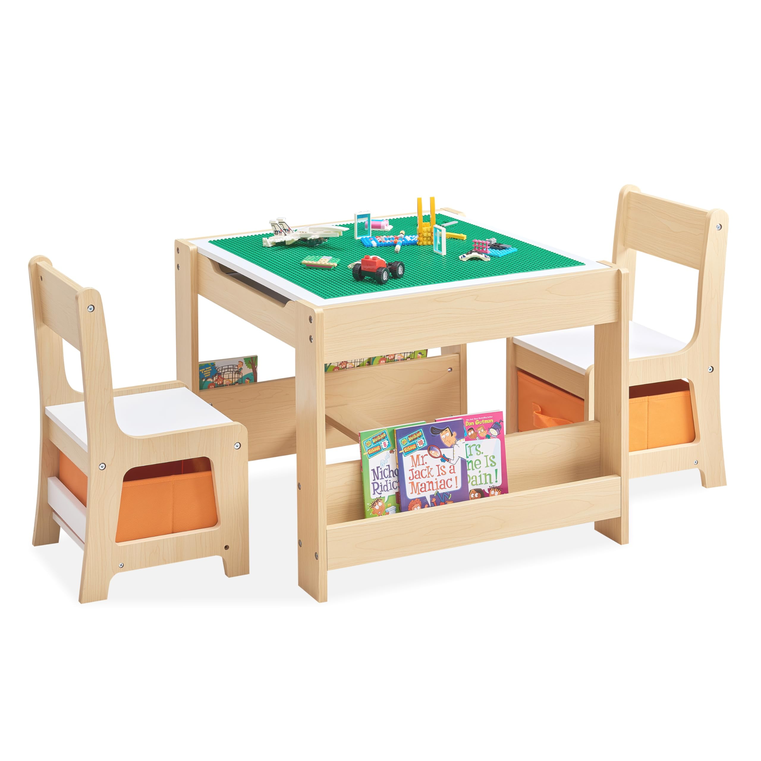 Table and Chair Set, 4 in 1 Wooden Activity Table with Bookshelves and ...