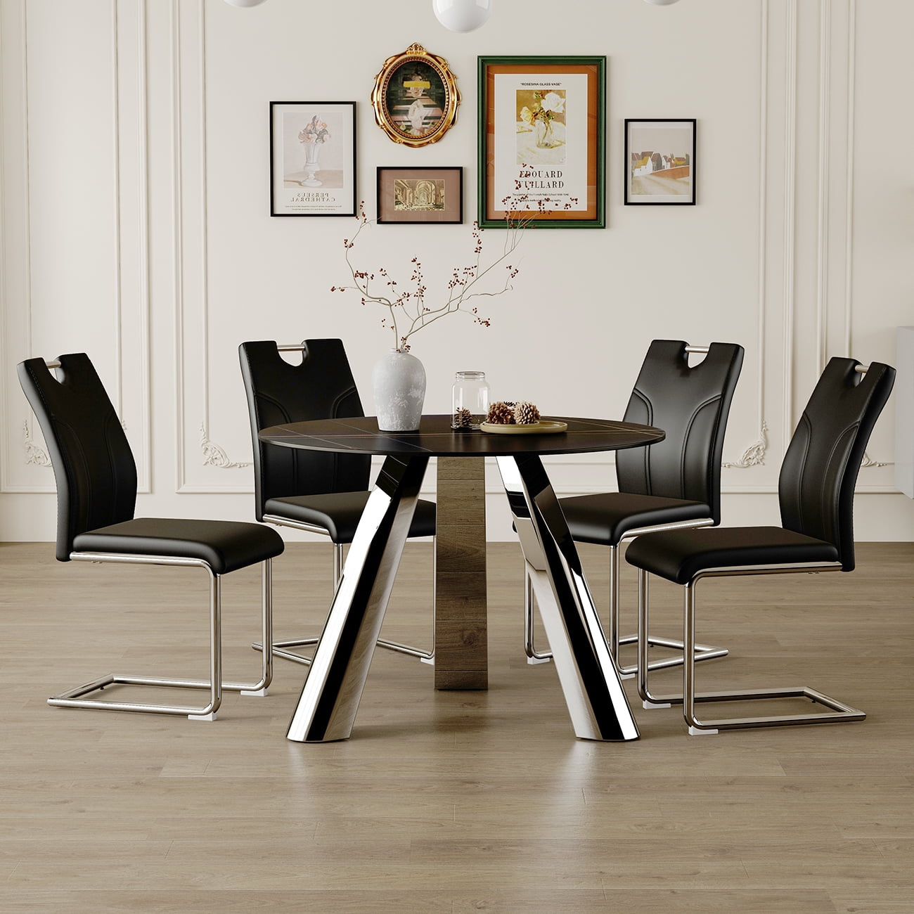 Table and chair set.A 42-inch stainless steel leg round table.Paired with 4 Uniquely designed Black Dining Chairs With Silver Metal Leg.Sintered Stone Tabletop,Stainless Steels Table Legs.W2920S00017