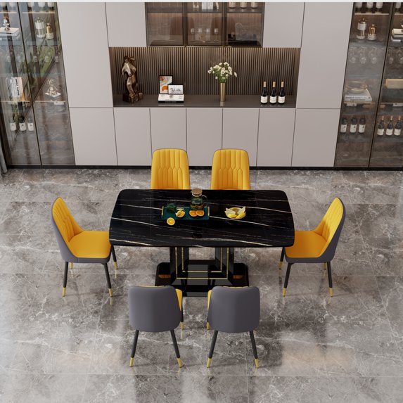 Table & Chair Set of 7, 6 Chairs with Dual Tone PU leather Backrest and Metal Legs, 1 Modern Table with Imitation Marble Pattern Desktop & MDF Legs, Table Chair Set for Dining Room, Black+Yellow