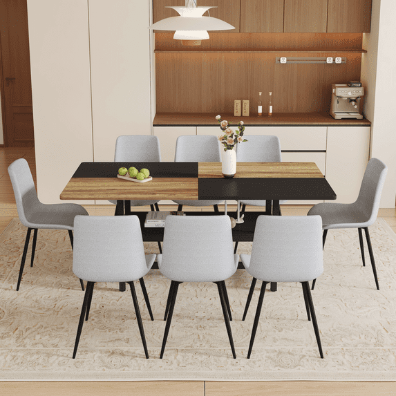 Table And Chair Set.71*35.4 Inch Wooden And Black Spliced Dining Table With Storage Function In The Middle Of The Table Legs. 8 Light Gray Linen Dining Chairs With Curved Widened Cushion. 73592