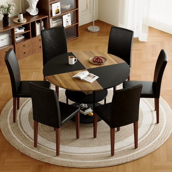 Table And Chair Set.A 47.3-Inch Diameter Modern Spliced Color Circular Dining Table - Double-Layer Storage. 6 Black Pu Dining Chairs, Simple And Versatile, Comfortable And Accompanied. 92768