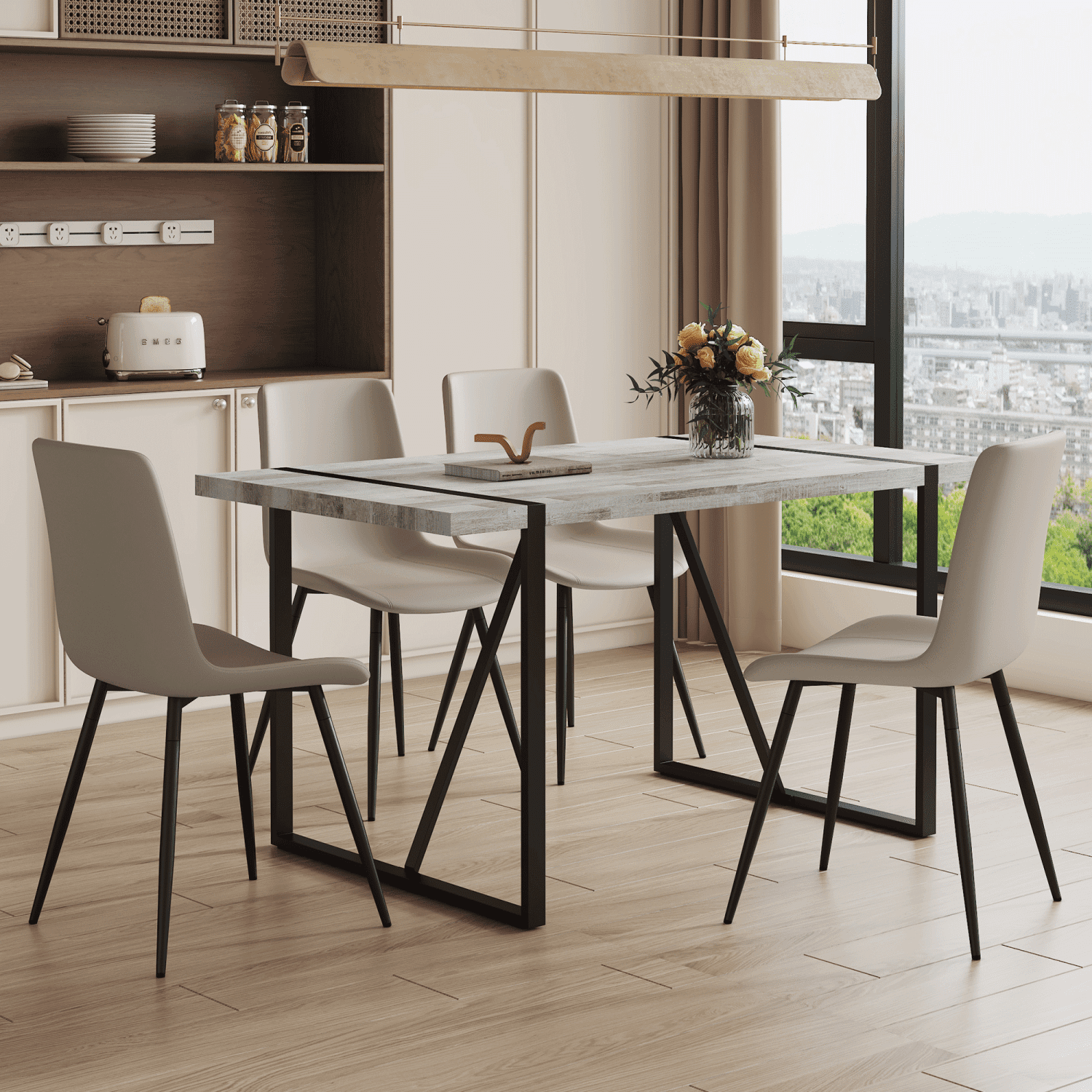 Table And Chair Set.A Minimalist Retro Rectangular Dining Table With A ...