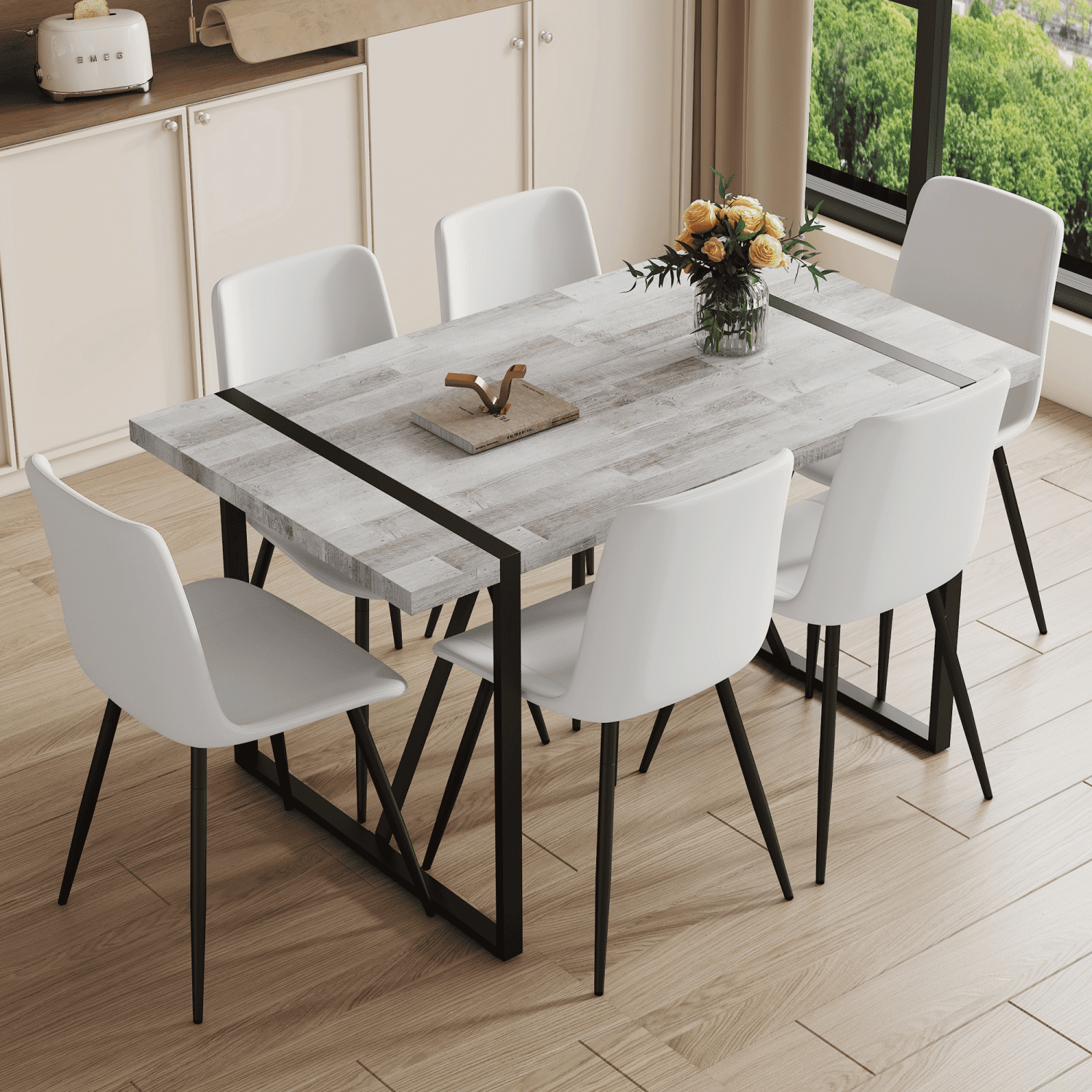 Table And Chair Set.A Minimalist Retro Rectangular Dining Table With A ...