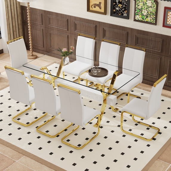 Table & Chair Set: Elegant Transparent Tempered Glass Dining Set - 71"x35.4" + 8 White PU Chairs with Golden C-Tube Metal Legs
