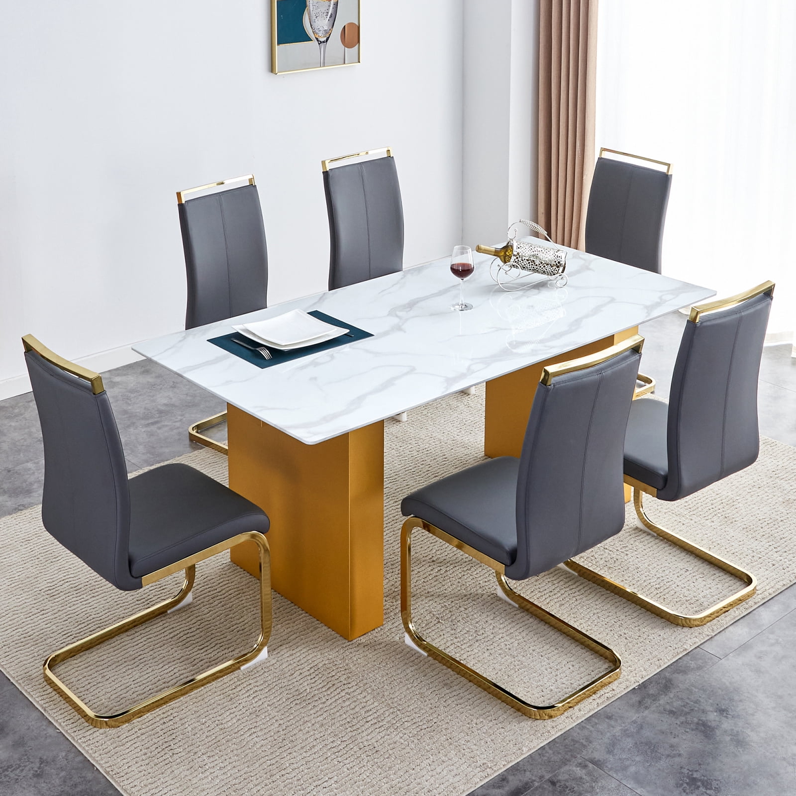 Table and Chair Set, Large Modern Rectangular Table with 0.4 Inch ...