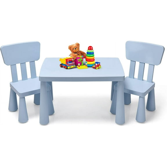 Table and Chair Set, Plastic Children Activity Table and 2 Chairs for Art Craft, Easy-Clean Tabletop, 3-Piece Toddler Furniture Set for Daycare Playroom(Blue)