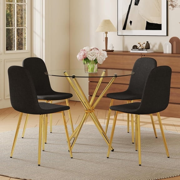 SUDICA 4 Piece Dining Table Set, 36.6 inch Round Tempered Glass Table with Black Chairs and Gold Metal Legs for Dining Room