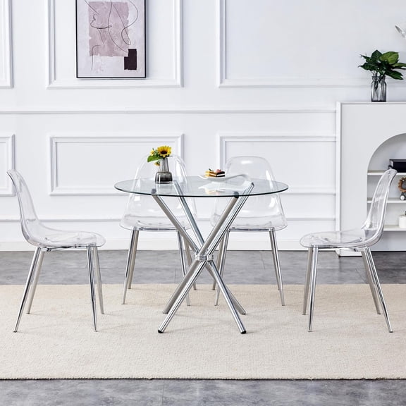Round Glass Dining Table with Silver Metal Legs and 4 Transparent Dining Chairs