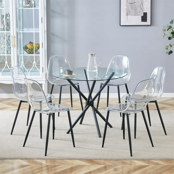 Table and Chair Set. A Tempered Glass Round Table with A Diameter of 36.6 Inches. Paired with 6 Transparent Plastic Dining Chairs, (Black + Transparent + Glass+Metal + Plastic + Seats 6)