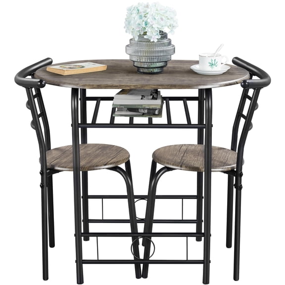 Table & Chair Sets for 2, Dining Room Table Set with Metal Frame and Storage Rack, Space-Saving Design for Small Kitchens, Apartments, Dorm Rooms, Drift Brown