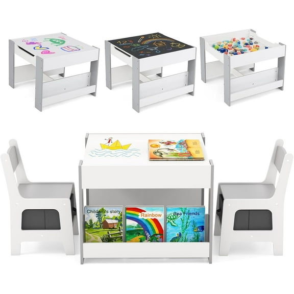 Table and Chairs, 4 in 1 Wooden Activity Table with Bookshelves, Storage Drawer, Reversible Tabletop & Chalkboard,  Table and Chair Set for Drawing, Reading, Game, Crafts (Gray)