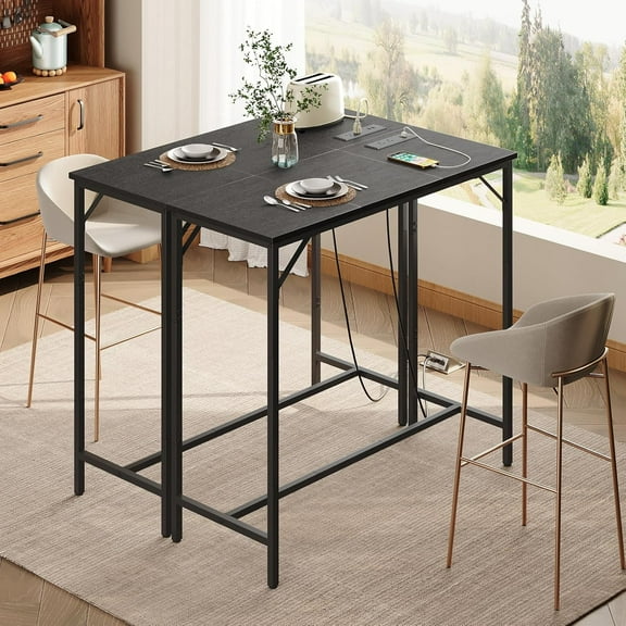 Table with Charging Station, Rectangular Pub Table, High Top Coffee Table, Counter Height Table, Narrow Long Dining Table, 35.4" L x 15.7" W x 35.6" H, Black BB90UBT01N1