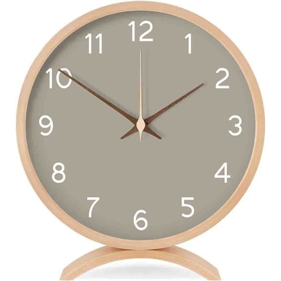 Table Clock Silent Non-Ticking Wooden Timepiece Desk Clock, Battery Operated Decor Round Clock for Living Room Office Bedroom Decor (Gray)