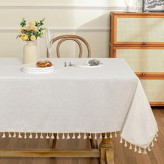 Table Cloth 60x84 in Rectangle Table, Heavy Duty Cotton Tassel Linen Look Waterproof Tablecloths Farmhouse Tablecloth, Wrinkle Free Table Cover with Beige Tassels for Kitchen Dining, Party