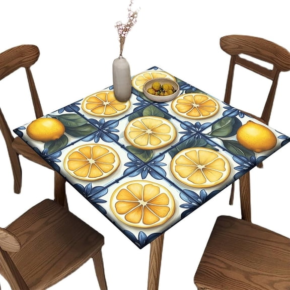 Table Cloth with Elastic Fitted Edges, Lemons Pattern Printed on Stain Resistant Wood Table Cover, Ideal for Dining & Kitchen Tables, Fit for 36" x 36" Square Tables