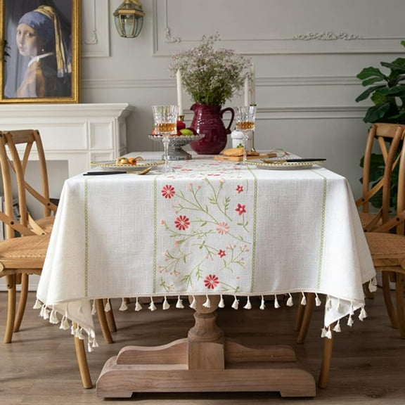 Table Cloth Embroidery Floral Pattern Wrinkle Free Heavy Weight Cotton Linen Farmhouse Tablecloth Decorative Fabric Tassel Table Cover for Outdoor and Indoor Use (Square 55 x 55 Inch)