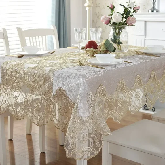 Table Cloth Gold Velvet Silver Europe Luxury Embroidered Table Dining Table Cover Rectangle TableCloths Lace Cabinet Dust Cover (HM868,Diameter 150cm Round)