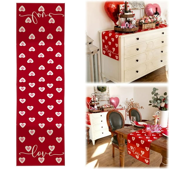 Table Cloth,Love Heart Valentines Day Red Table Runner Kitchen Dining Table Decor for Indoor Outdoor Anniversary Wedding Home Party Decoration