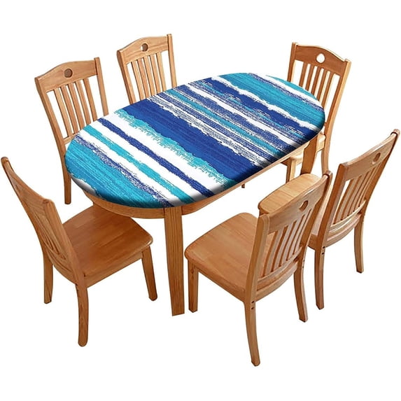 Table Cloth Oval Table, Stripes Pattern Printed on Elastic Table Covers, Table Protector for Dining Room Table, Fits for 48" x 68" Oval Table