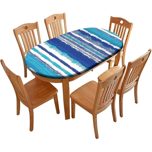 Table Cloth Oval Table, Stripes Pattern Printed on Elastic Table Covers, Table Protector for Dining Room Table, Fits for 48" x 68" Oval Table