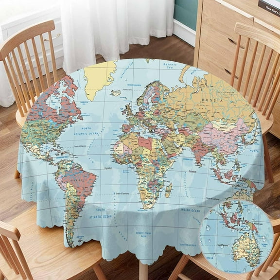 Table Cloth Political World Map Round Tablecloth 60 inch Vintage Accurate Global Blue Travel Map Tablecloths for Round Tables Small Round Tablecloth Table Cover for Outdoor