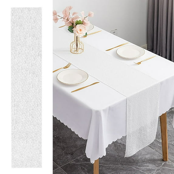 Table Cloth Polyester Antependium Wedding Party Rectangular Tablecloth Decoration With Gold And Red Sequins Tablecloth 30Cmx160Cm R(White)