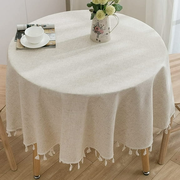 Table Cloth,Round Tablecloth 60 Inch Cotton Linen Table Cloths With Tassel Boho Table Cover For Kitchen Dining Room Tabletop Decorations Farmhouse Coffee Picnics Suit For Round 30 48" Table