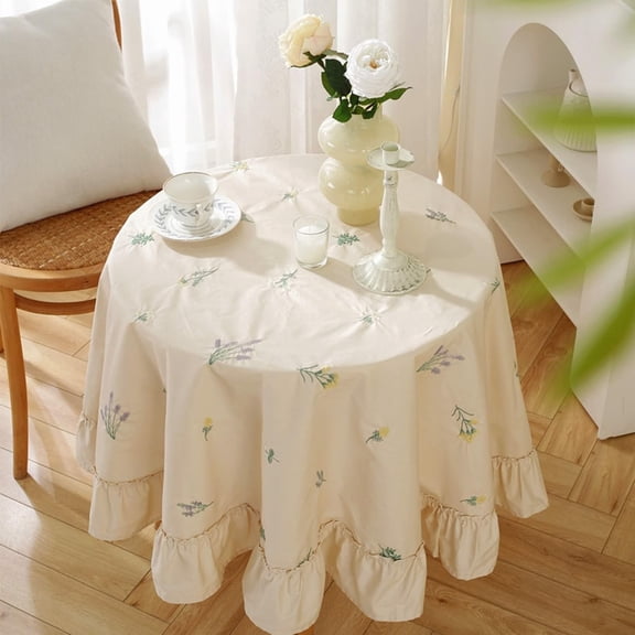 Table Cloth Round Tables, Cotton Table Cloth Small Embroidered Flower with Ruffle, Living Room Table Cloth90cm