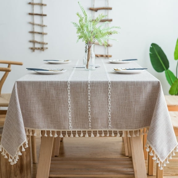 Table Cloth Tassel Cotton Linen Dust-Proof Table Cover for Kitchen Dinning Wrinkle Free Tabletop Decoration Square (55"x55", Coffee)