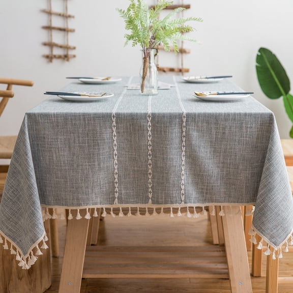 Table Cloth Tassel Cotton Linen Dust-Proof Table Cover for Kitchen Dinning Wrinkle Free Tabletop Decoration Square (55"x55", Grey)