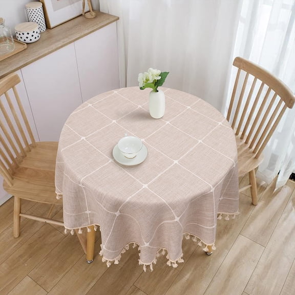 Table Cloth Tassel Cotton Linen Table Cover for Kitchen Dinning Wrinkle Free Table Cloths (Light Brown, Round, 120cm)