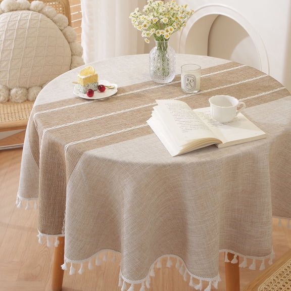 Table Cloth Tassel Linen Flax Table Cover for Kitchen Dinning Wrinkle Free Table Cloths (Coffee, 60in Round)