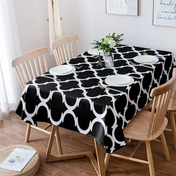 Table Cloth Waterproof Polyester Tablecloth Black Moroccan Pattern Table Clothes for Rectangle Tables, Indoor Outdoor Table Cover for Parties, Wedding, Dinner Table - 60x84 Inch