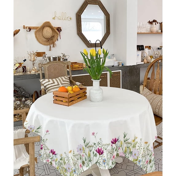 Table Cloth Waterproof Polyester Tablecloth Rustic Watercolor Floral White Table Clothes for Rectangle Tables, Indoor Outdoor Table Cover for Parties, Wedding, Dinner Table - 60x60 Inch