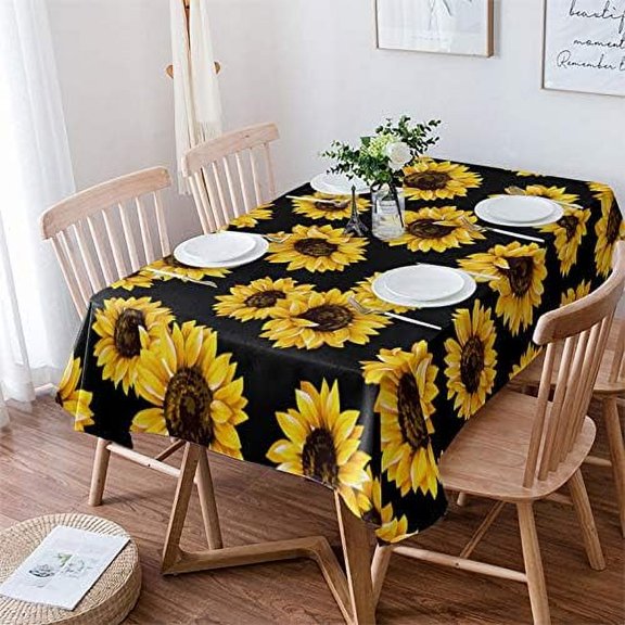 Table Cloth Waterproof Polyester Tablecloth Yellow Flower Farm Sunflower Black Table Clothes for Rectangle Tables, Indoor Outdoor Table Cover for Parties, Wedding, Dinner Table - 60x102 Inch