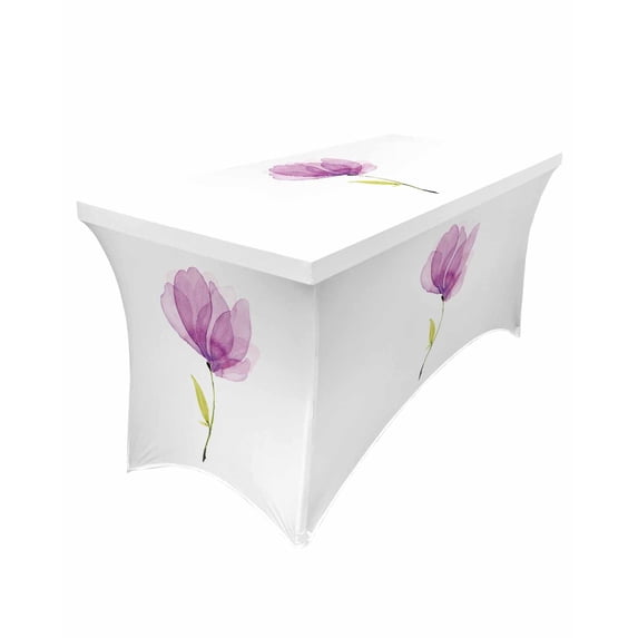 Table Cloths for 6 foot Rectangle Tables Spring Purple Abstract Flower Bloom Stretch Washable Fitted Tablecloth Protector Picnic Table Cover for Event Wedding Party Banquet
