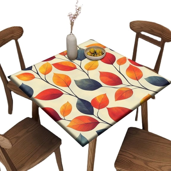 Table Cloths with Elastic Corners, Autumn Leaves Pattern Printed on Stain Resistant Elastic Outdoor Table Cover, Use for Trade Show Booth Exhibition, Fit for 32" x 32" Square Tables