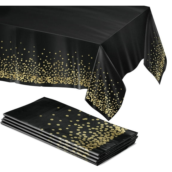 Table Cloths for Parties, 4pk, 54"x108" - Gold Dot Plastic Tablecloths, Black Tablecloth, Black and Gold Party Decorations, Paper Tablecloth for BBQ, Party, Fine Dining, Wedding